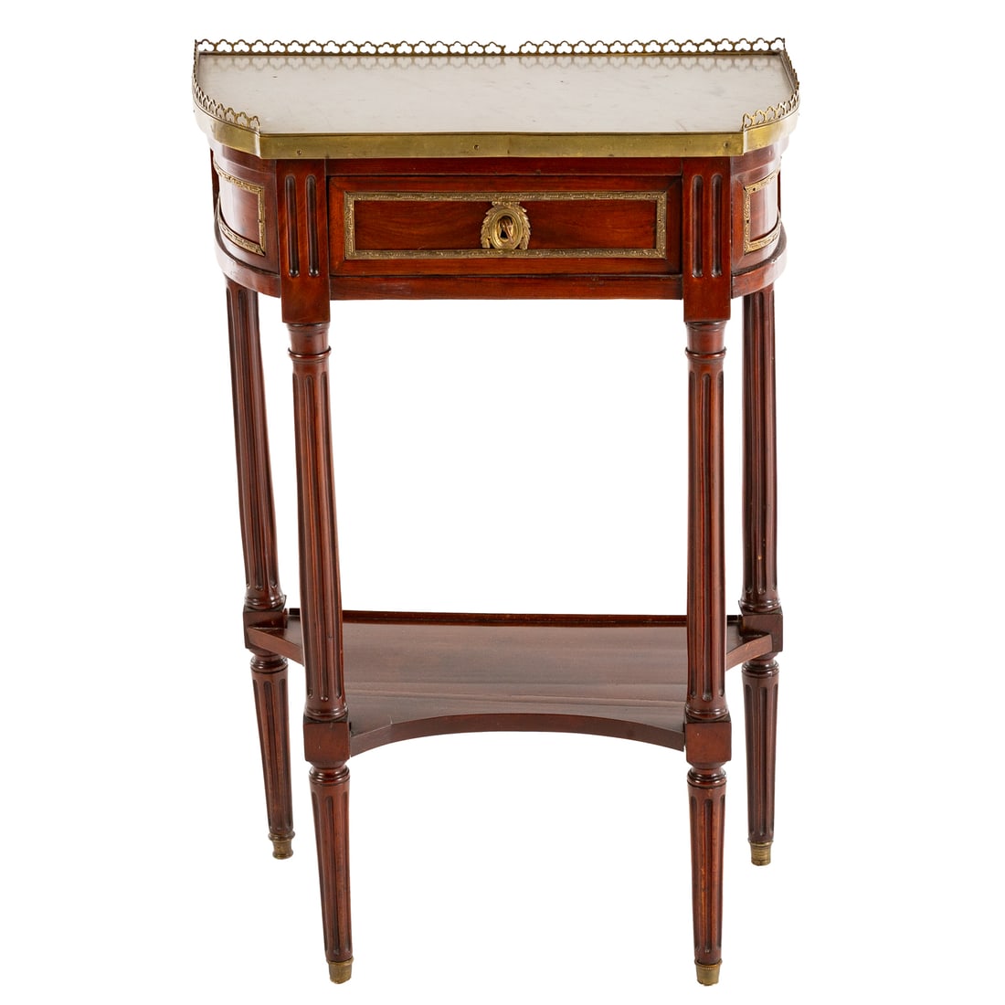 Louis XVI Style Marble Top Table: Galleried shaped white marble top over an ormolu mounted one drawer apron supported by turned and fluted legs connected by an undershelf, 33 in. H, 22 in. W, 12 in. D
