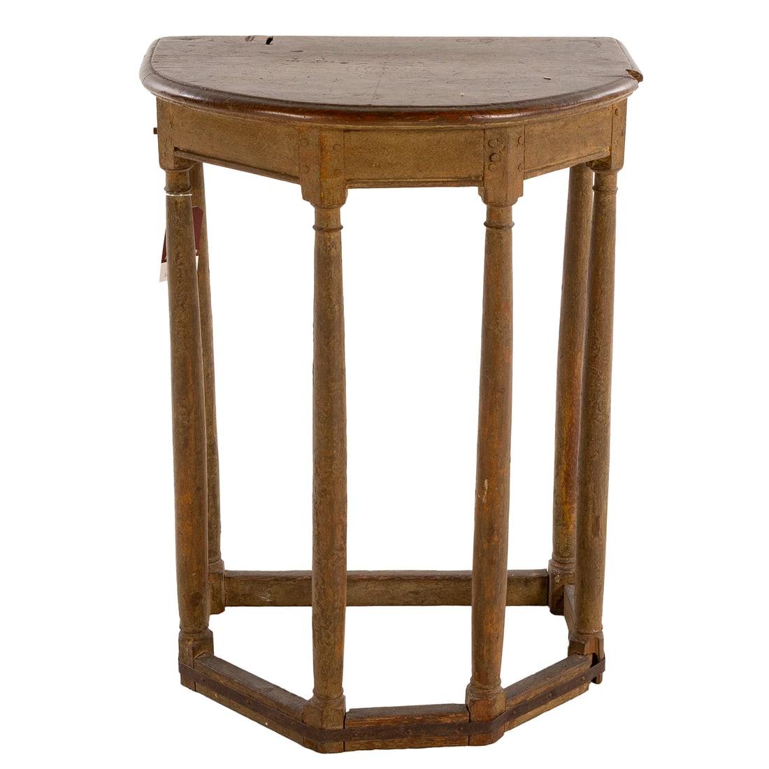 Louis XIII Walnut Tabouret de Chant: First half, 17th century, molded demilune top over six turned bowed legs connected by a stretcher, 26 in. H, 19 in. W, 13 in. D Provenance: Provenance available upon request