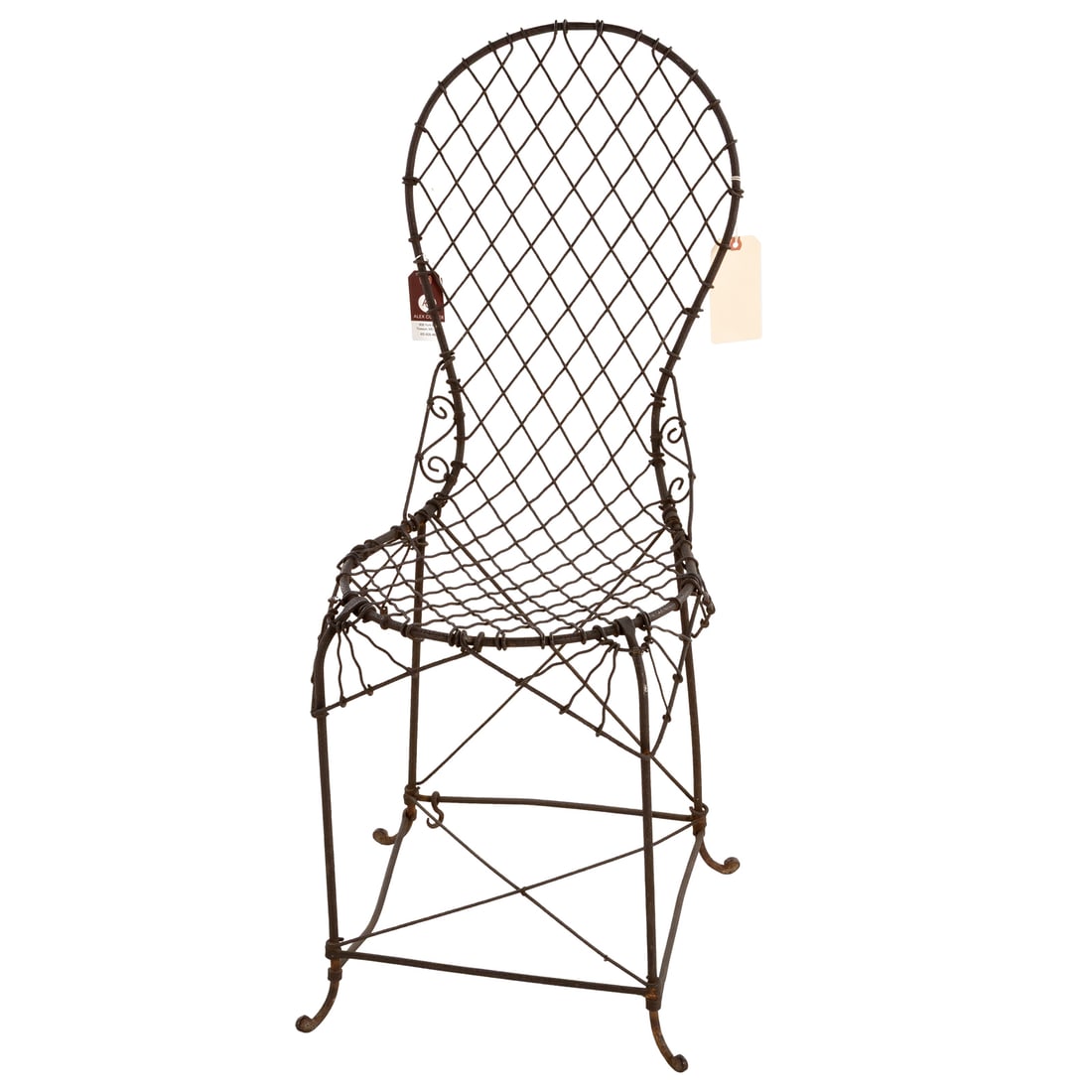 American Victorian Wire Garden Side Chair: Woven and painted wrought iron mesh frame, 37 in. H, 15 in. W, 16 in. D Provenance: Provenance available upon request