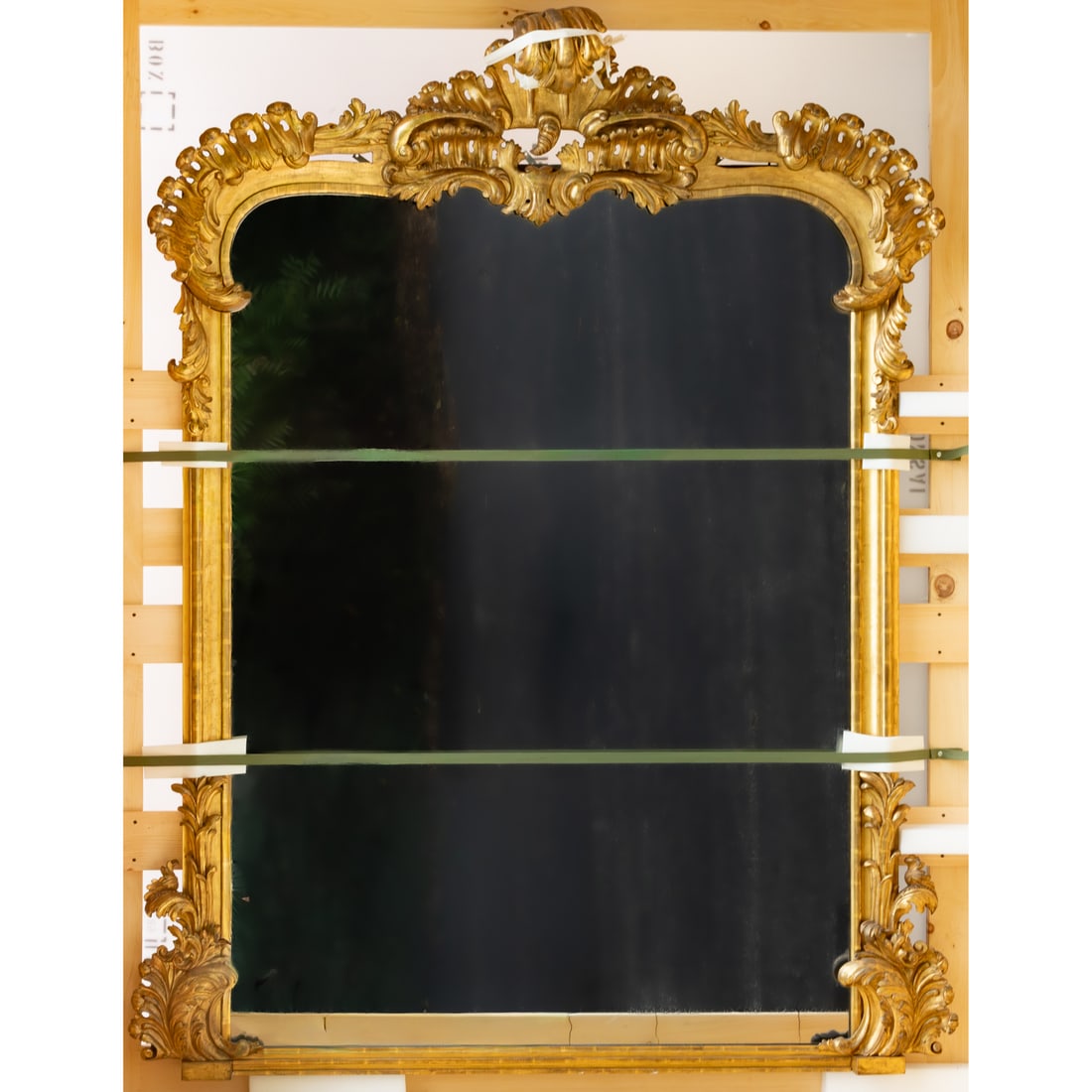 Victorian Carved & Giltwood Overmantel Mirror: Circa 1880, heavily carved frame, 98 in. H, 75 1/2 in. W, 12 in. D Provenance: Provenance available upon request