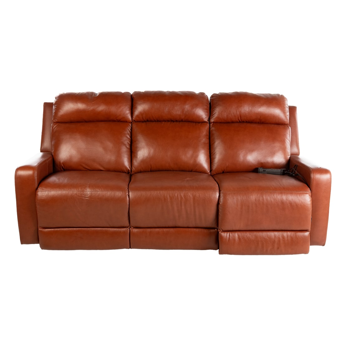 Contemporary Vinyl Power Reclining Sofa: Fully vinyl upholstered reclining sofa with power cord, 39 in. H, 80 in. W, 40 in. D
