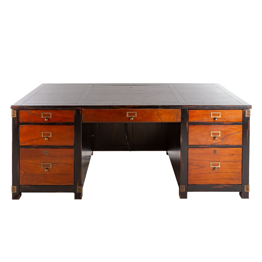 Arhaus Contemporary Executive Desk: Ebony plank top over two three-drawer, two cabinet bases ending in block feet, 30 in. H, 78 in. W, 38 in. D