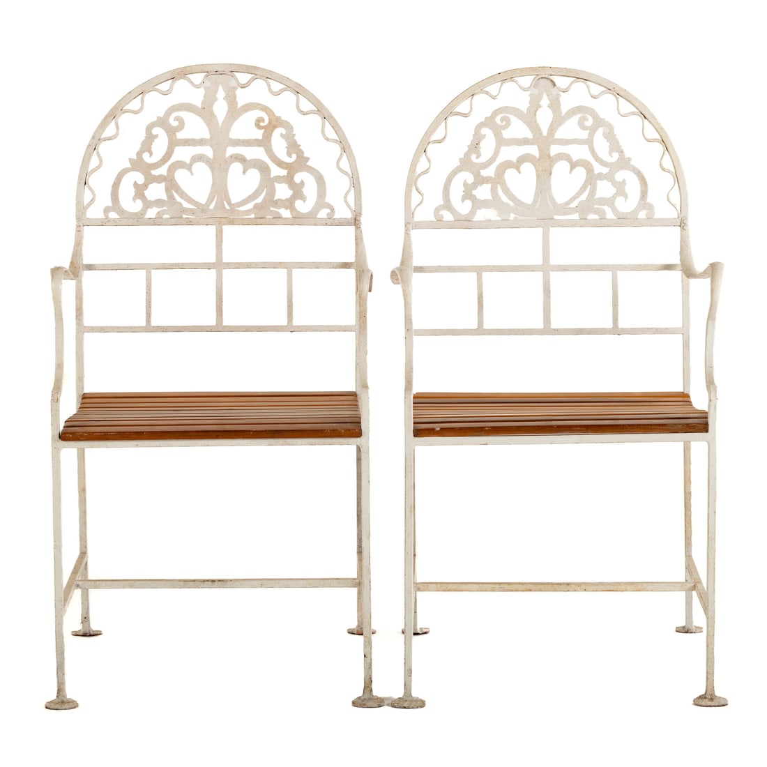 A Pair of Forged Iron & Wood Garden Armchairs: Circa 1900, white painted iron frames with wooden slat seats, each: 38 in. H, 19 1/2 in. W, 20 1/2 in. D