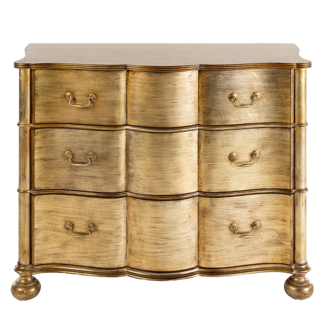 Ethan Allen Metallic Silver Chest of Drawers: Shaped and molded top over a three-drawer case ending in bun feet, 33 1/2 in. H, 44 in. W, 21 in. D