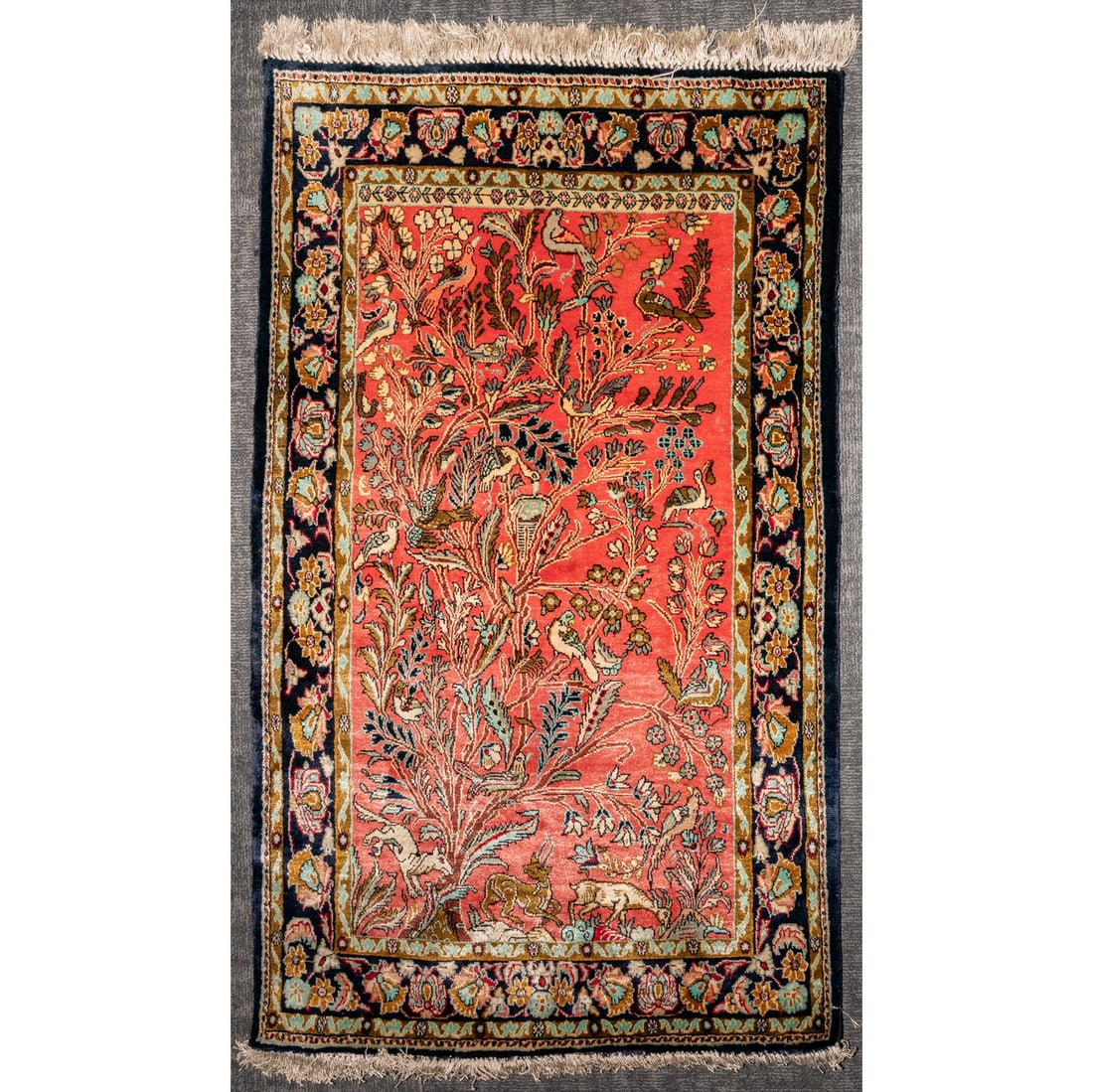 Pictoral Silk Qum Rug, Persia, 2.5 x 3.11: Third quarter, 20th century, hand-knotted, silk pile
