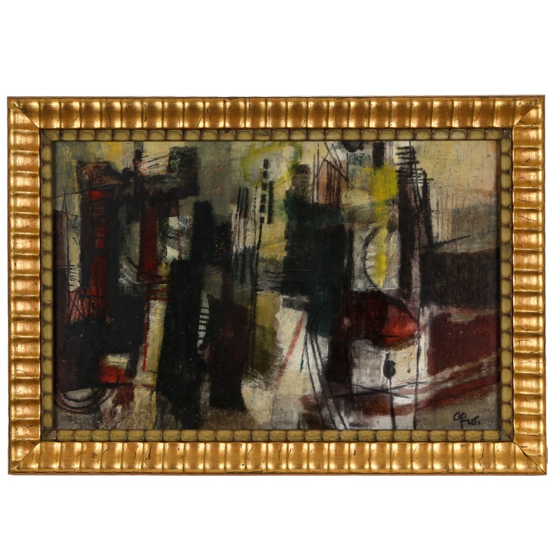 AFRO (Basaldella). "Brooklyn Bridge," mixed media: Afro Basaldella (Italian, 1912-1976) Mixed media on canvas, mounted to board, signed "Afro" lr, sight size: 16 x 24 in., framed size: 18 3/4 x 26 3/4 in. Provenance: From the private collection of the