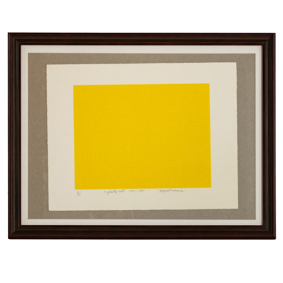 Yayoi Kusama. "Infinity-Nets (1953-1984)," lithograph: (Japanese, b. 1929) Lithograph in colors on paper with deckled edges, ed. 6/30, pencil signed "Yayoi Kusama" lr, pencil titled in English lc, lithograph rests atop a grey backing, image size: 12 1/6 x
