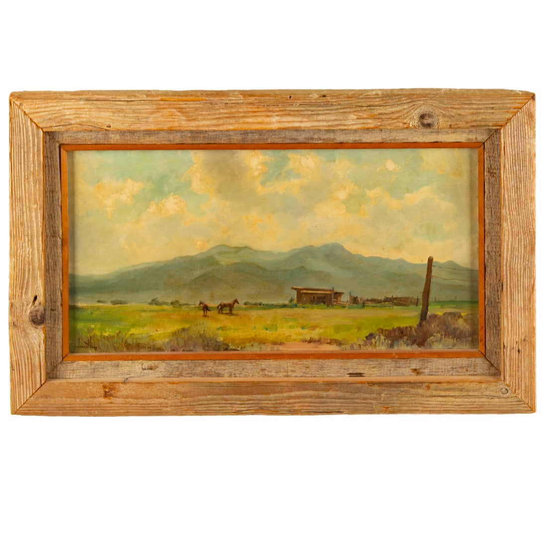Joan Howe. "In the Rockies," oil: (American, 1915-2005) Oil on canvas board, signed "Joan Howe" ll, signed and titled on verso, sight size: 9 1/2 x 19 1/2 in., framed size: 15 1/4 x 23 3/4 in. Provenance: From a private collection, Ne