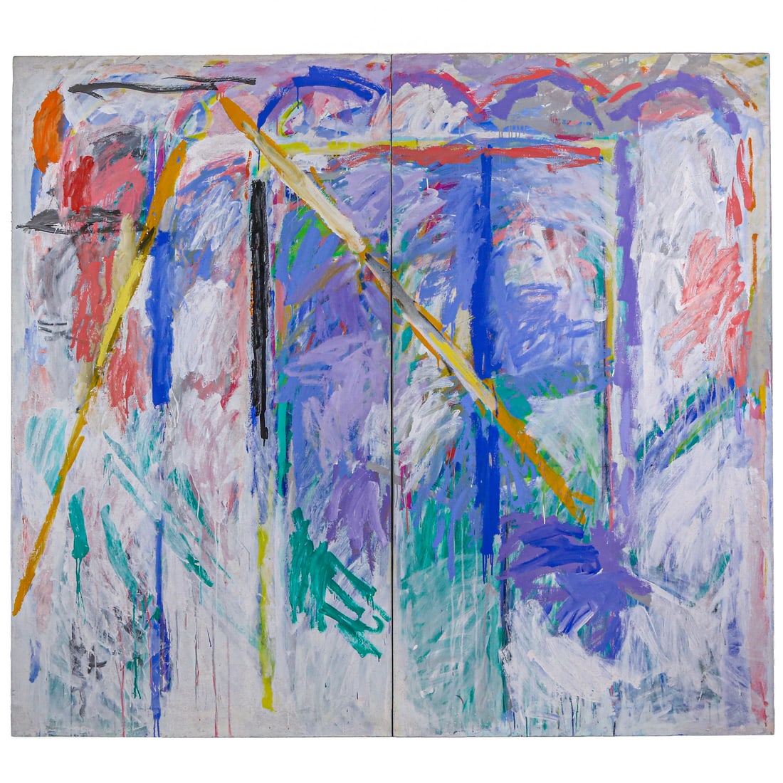 Juan Usle. "Diptico", oil: (Spanish, b. 1954) Oil on canvas with mixed media, 1987, signed and dated "Usle" on verso, both canvases, size of whole, 180 x 200 in., unframed Provenance: Acquired from the artist, Juan Usle,