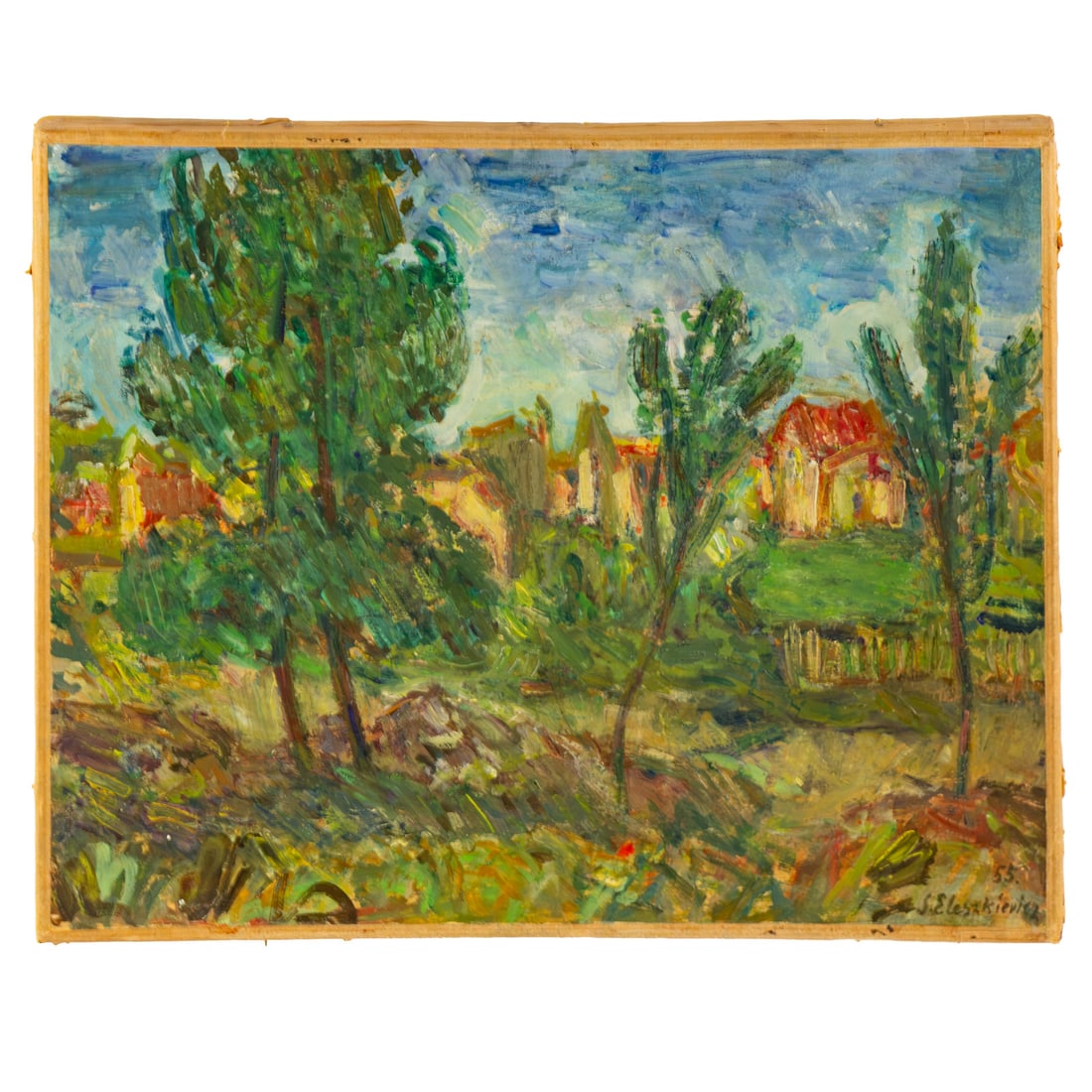 Stanislas Eleskiewicz. Landscape, oil: (Polish, 1900-1963) Oil on craft paper, 1955, signed and dated lr, signed and dated on verso, 10 x 14 in., unframed Provenance: From the Estate of Michael L. Milligan