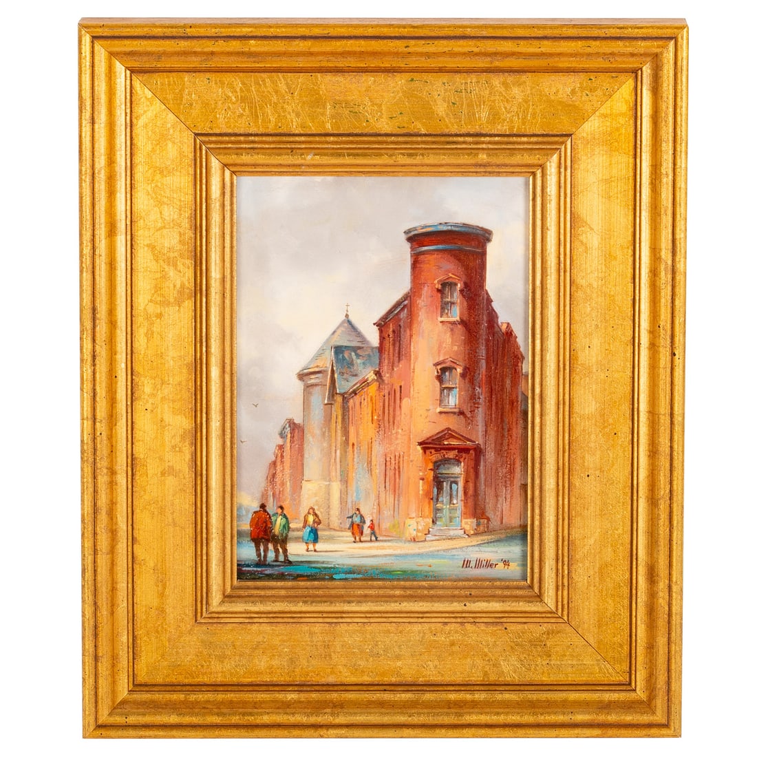 Melvin Miller. "Frederick Ave. & Hollins St.," oil: (American, 1937-2007) Oil on masonite, marked 1769 on verso, 1994, signed and dated "Melvin Miller" lr, further identifying information on verso, sight size: 7 3/4 x 5 1/2 in., framed size: 14 1/2 x