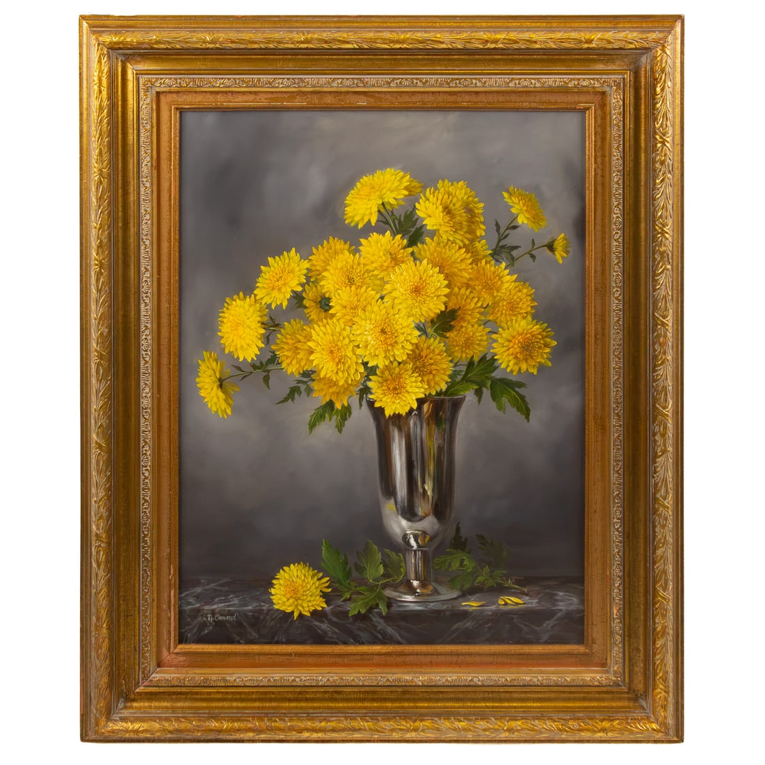Nancy Conrad. "Yellow Chrysanthemum," oil: (American, b. 1940) Oil on masonite, signed "N. Conrad" ll, further identifying information on verso, sight size: 23 1/2 x 17 1/2 in., framed size: 32 1/2 x 26 in. Provenance: Acquired from the