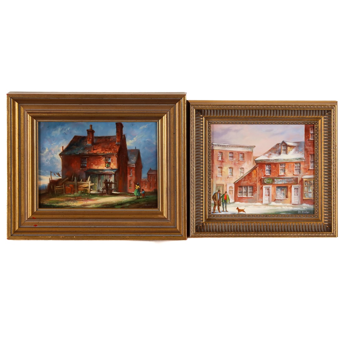Melvin Miller. Two City Scenes, oil: (American, 1937-2007) Oils on masonite, each signed lr, 1) "Cityscape," sight size: 5 1/2 x 7 1/2, framed size: 29 x 33 in. and 2) "Jimmy's Restaurant" sight size: 5 3/4 x 6 1/2 in., framed size: 8