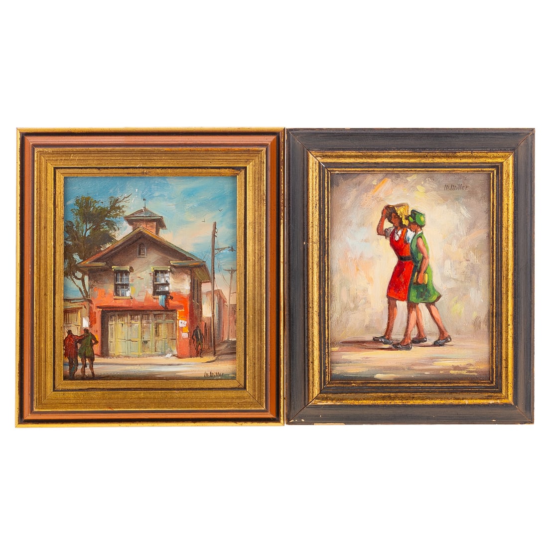 Melvin Miller. Two Diminutive Works, oil: (American, 1937-2007) Oils on masonite 1) "South Stricker Street," marked 1436 on verso, signed "M. Miller" lr, further identifying information on verso, sight size: 4 3/4 x 3 3/4 in., framed size: 6