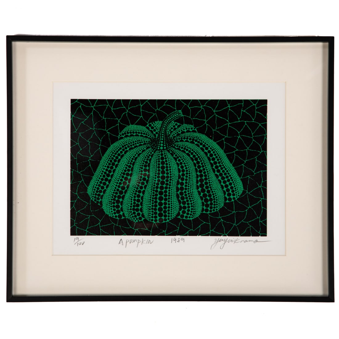 Yayoi Kusama. "A Pumpkin," screenprint: (Japanese, b. 1929) Screenprint in colors, 1989, ed. 19/100, pencil signed "Yayoi Kusama" lr, image size: 9 x 11 3/4 in., framed size: 12 x 14 3/4 in. Provenance: Acquired MOMA Contemporary,