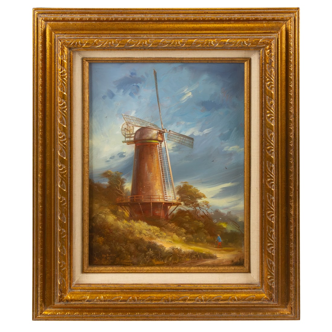Melvin Miller. "Windmill," oil: (American, 1937-2007) Oil on masonite, 1984, marked 1508 on verso, signed and dated "M. Miller" ll, sight size: 11 1/2 x 8 1/2 in., framed size: 17 3/4 x 14 3/4 in. Provenance: Acquired from the