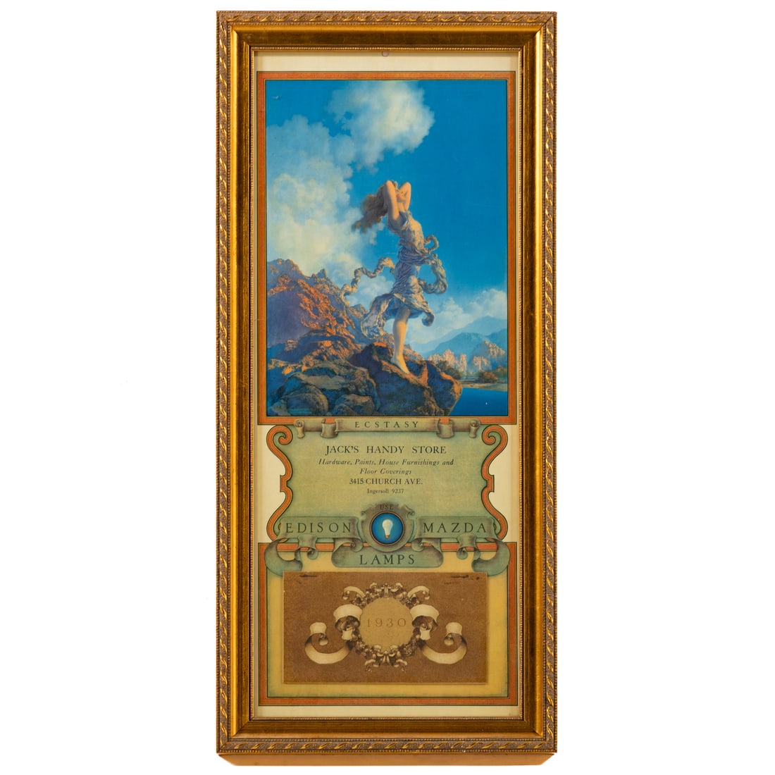 Maxfield Parrish. 1930 "Ecstasy" Calendar: (American, 1870-1966) Printed for Jack's Handy Store, full pad calendar, sight size: 18 1/4 x 7 1/4 in., framed size: 20 1/8 x 9 1/4 in. Provenance: From a private Maryland collection