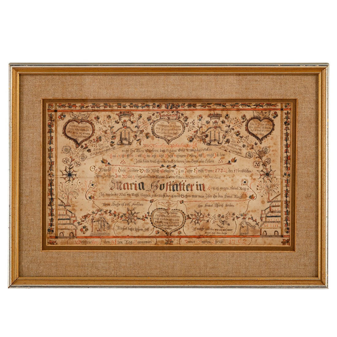 Pennsylvania German 18th Century Taufschein: Ink and watercolor, dated 1792, sight size: 7 1/2 x 12 3/4 in., framed size: 11 3/4 x 16 3/4 in. Provenance: From a private Dauphin county Pennsylvania collection