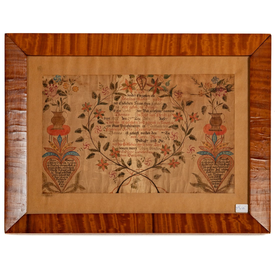 Pennsylvania German Fraktur, circa 1800: Watercolor on paper, dated 1800, sight size: 7 1/4 x 11 3/4 in., framed size: 12 x 16 1/4 in. Provenance: From a private South Carolina collection