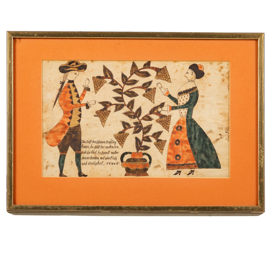 Pennsylvania German 18th Century Fraktur: Depicting a couple picking fruit, sight size: 7 1/2 x 12 in., framed size: 11 1/2 x 16 1/2 in. Provenance: From a private Dauphin county Pennsylvania collection