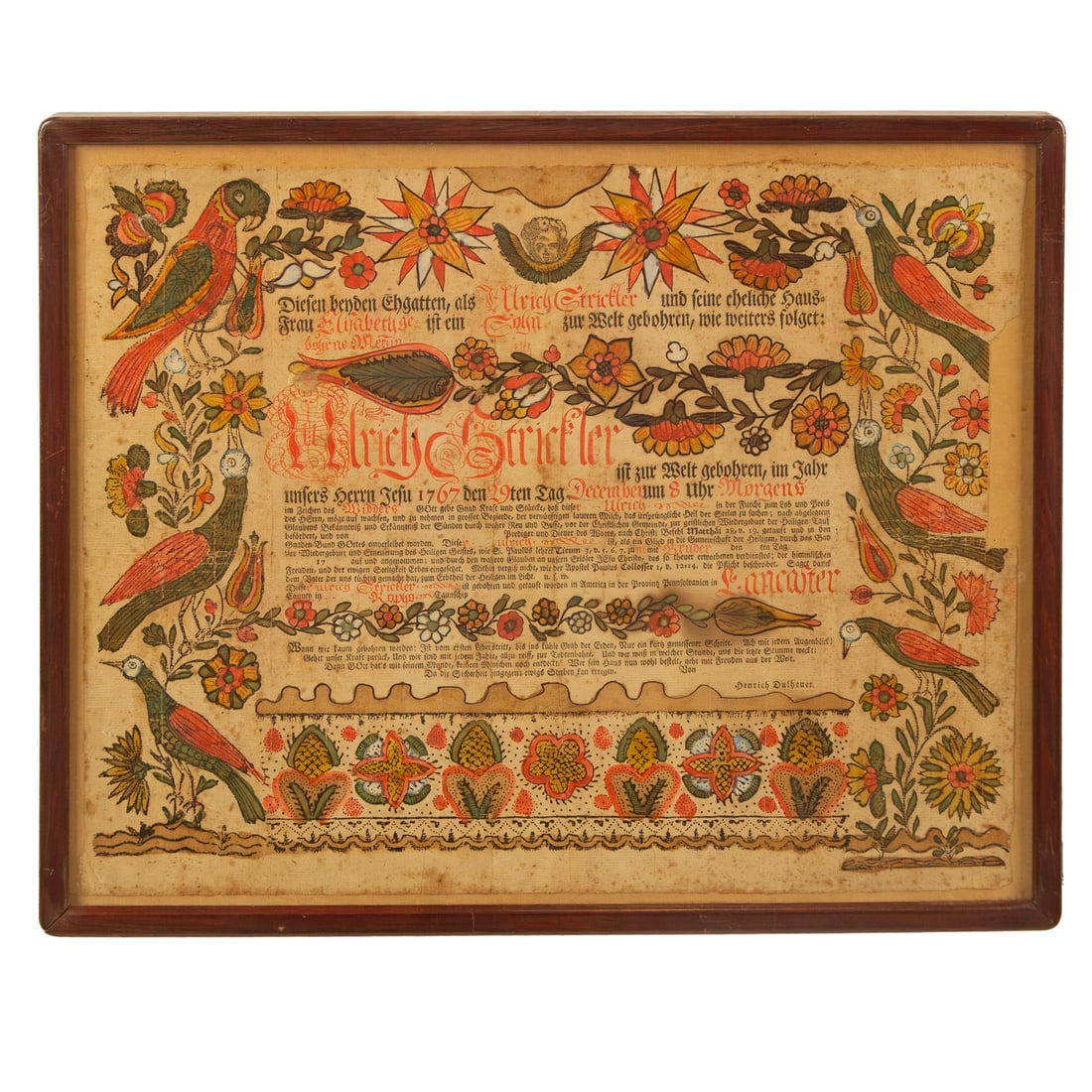 Pennsylvania German Fraktur, circa 1767: Paint embellished woodcut, dated 1767, sheet size: 14 x 17 1/2 in., framed size: 15 3/4 x 19 in. Provenance: From a private Dauphin County, PA collection