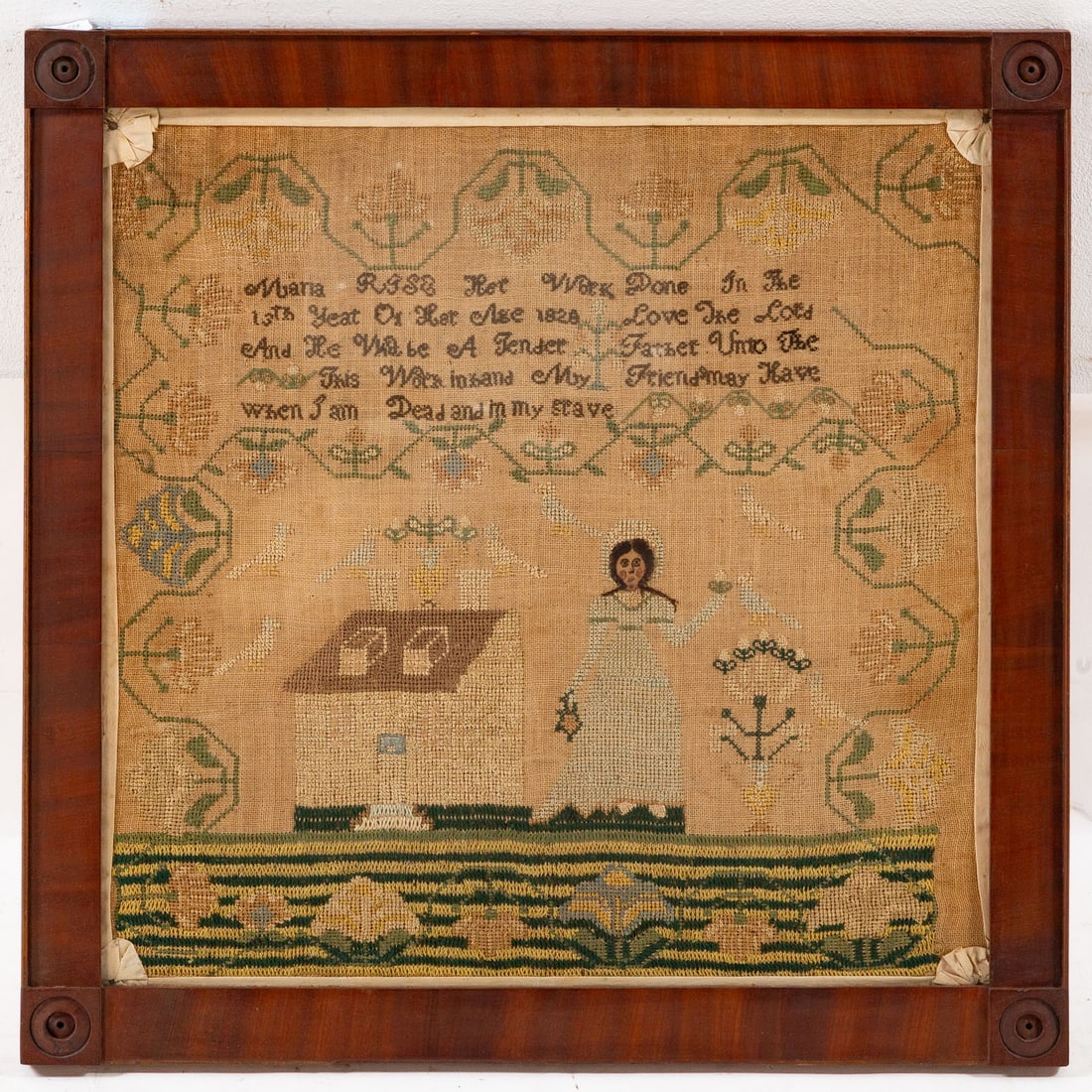 American 19th Century Needlework Sampler: Worked by Maria Rise, dated 1828, sight size: 16 1/2 x 16 1/2 in., framed size: 19 1/4 x 19 1/2 in. Provenance: From a private Dauphin county Pennsylvania collection