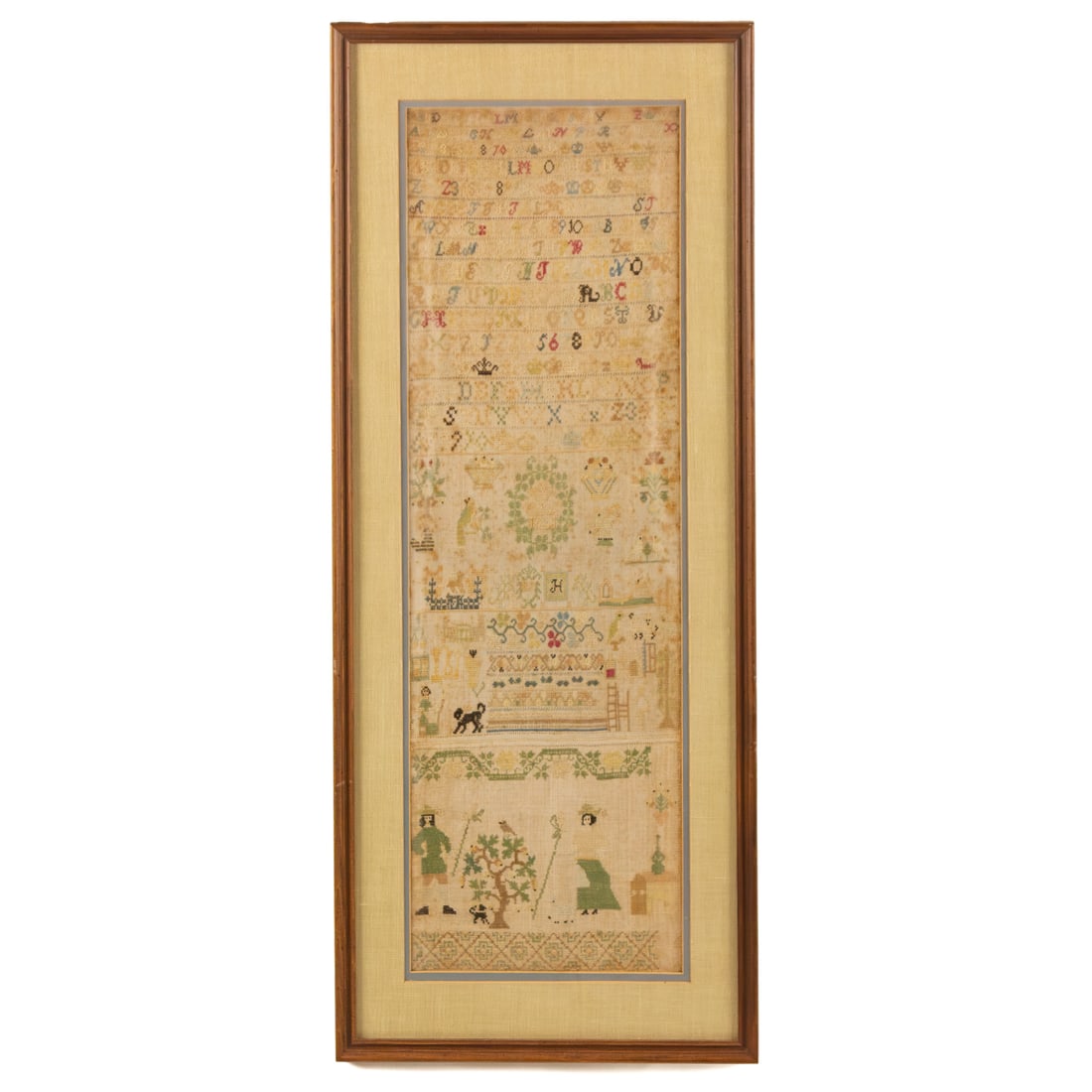English 19th Century Needlework Sampler: Initialed "E. B. S. 1821," sight size: 31 x 9 1/2 in., framed size: 37 x 15 in. Provenance: From a private Dauphin county Pennsylvania collection