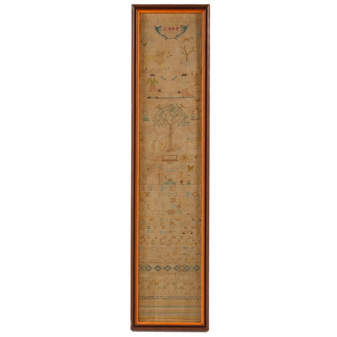 English 19th Century Needlework Sampler: Initialed "C. H. S." sight size 42 1/4 x 8 3/4 in., framed size 44 1/4 x 10 3/4 in. Provenance: From a private collection, Dauphin County, Pennsylvania