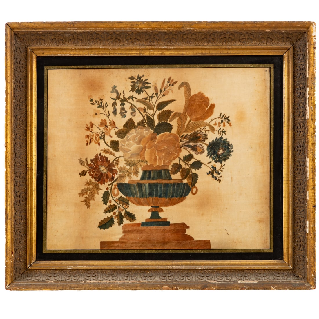 American 19th Century Theorem: Watercolor on silk in an eglomise frame, sight size: 17 1/2 x 21 1/4 in., framed size: 21 1/2 x 29 1/2 in. Provenance: From a private Maryland collection