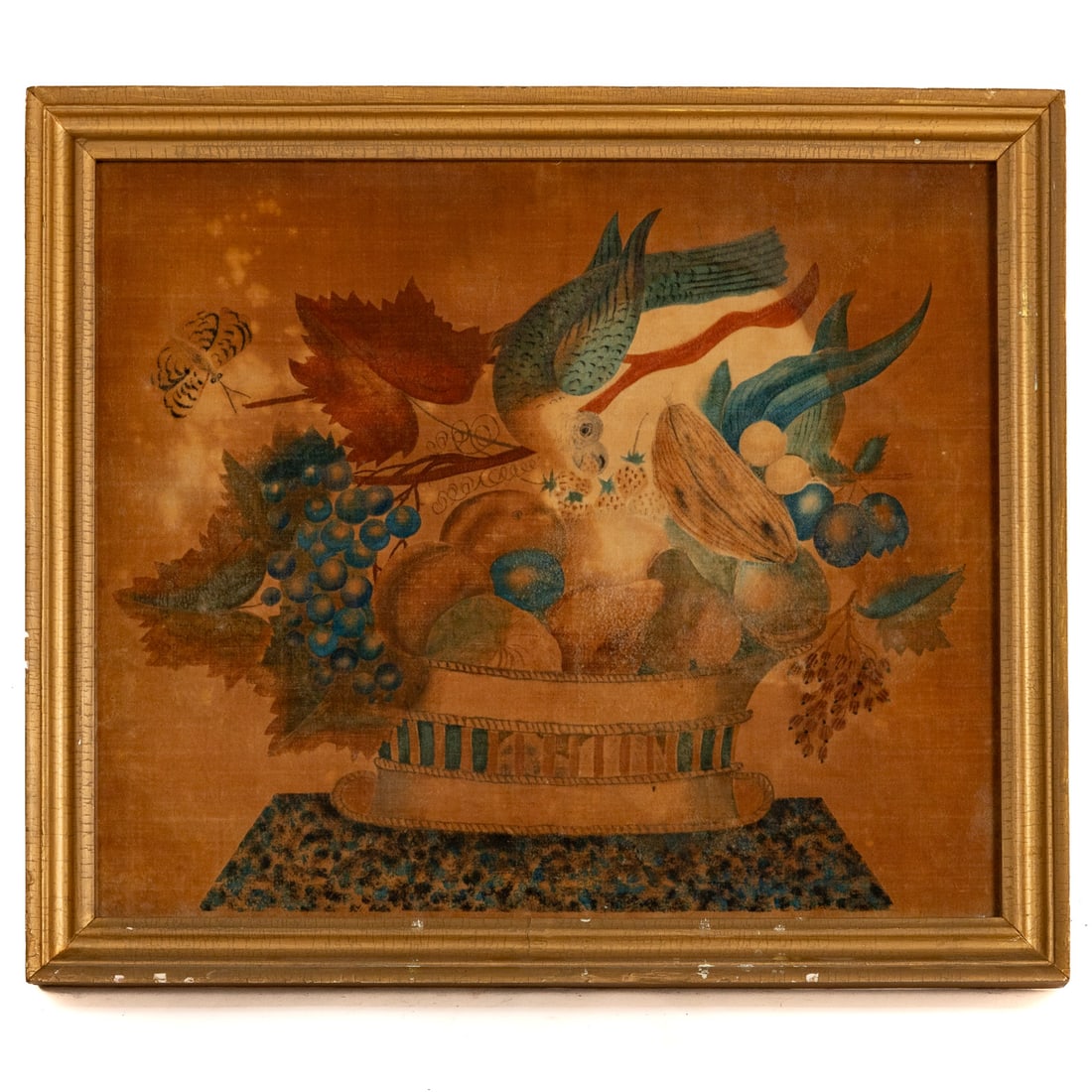 19th c. American Theorem Still Life Stencil: Depicting a basket of fruit with birds and butterflies, sight size: 14 1/2 x 17 1/4 in., framed size: 17 x 19 3/4 in. Provenance: From a private Dauphin County, PA collection