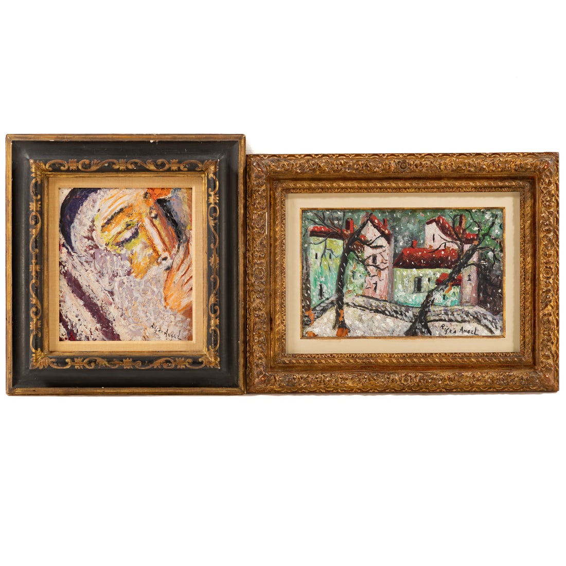 Rifka Angel. Two Framed Encaustics: (Russian/American 1899-1988) 1) "The Blowing of the Shofar on High Holy Days," signed "Rifka Angel" lr, signed and titled on verso, sight size: 11 1/2 x 10 in., framed size: 19 1/2 x 18 in. and 2)