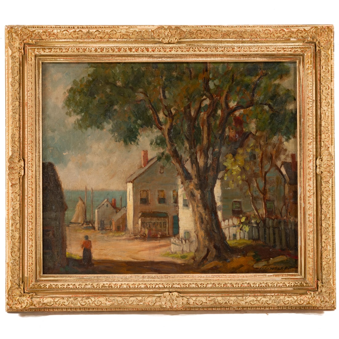 Harold Wolcott. New England Seaside Village, oil: (American, 1898-1977) Oil on canvas, signed "H. C. Wolcott" ll, sight size: 20 x 24 in., framed size: 28 x 30 in. Provenance: From a private Maryland collection