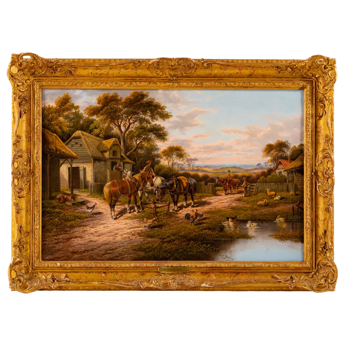 Edward Heaton. Arriving Home, oil: (British, b. 1924) Oil on canvas, signed "E. Heaton" lr, sight size: 20 x 30 in., framed size: 26 x 36 1/4 in. Provenance: From a private Maryland collection