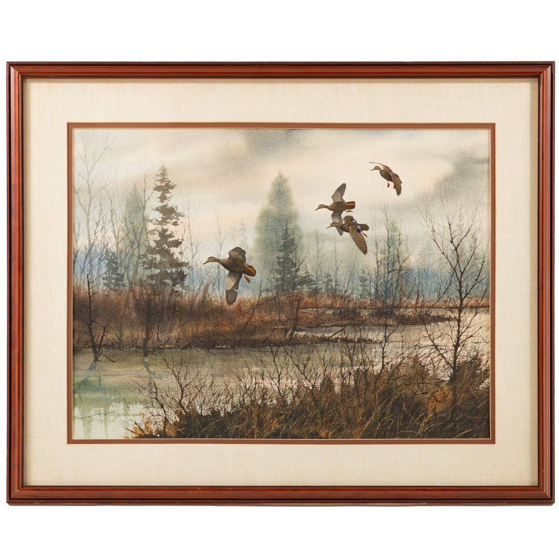 David Hagerbaumer. Geese Flying Over a Marsh, watercolor: (American, 1921-2014) Watercolor on paper, signed "David Hagerbaumer" ll, sight size: 18 x 24 1/4 in., framed size: 26 x 32 in. Provenance: From a private Maryland collection