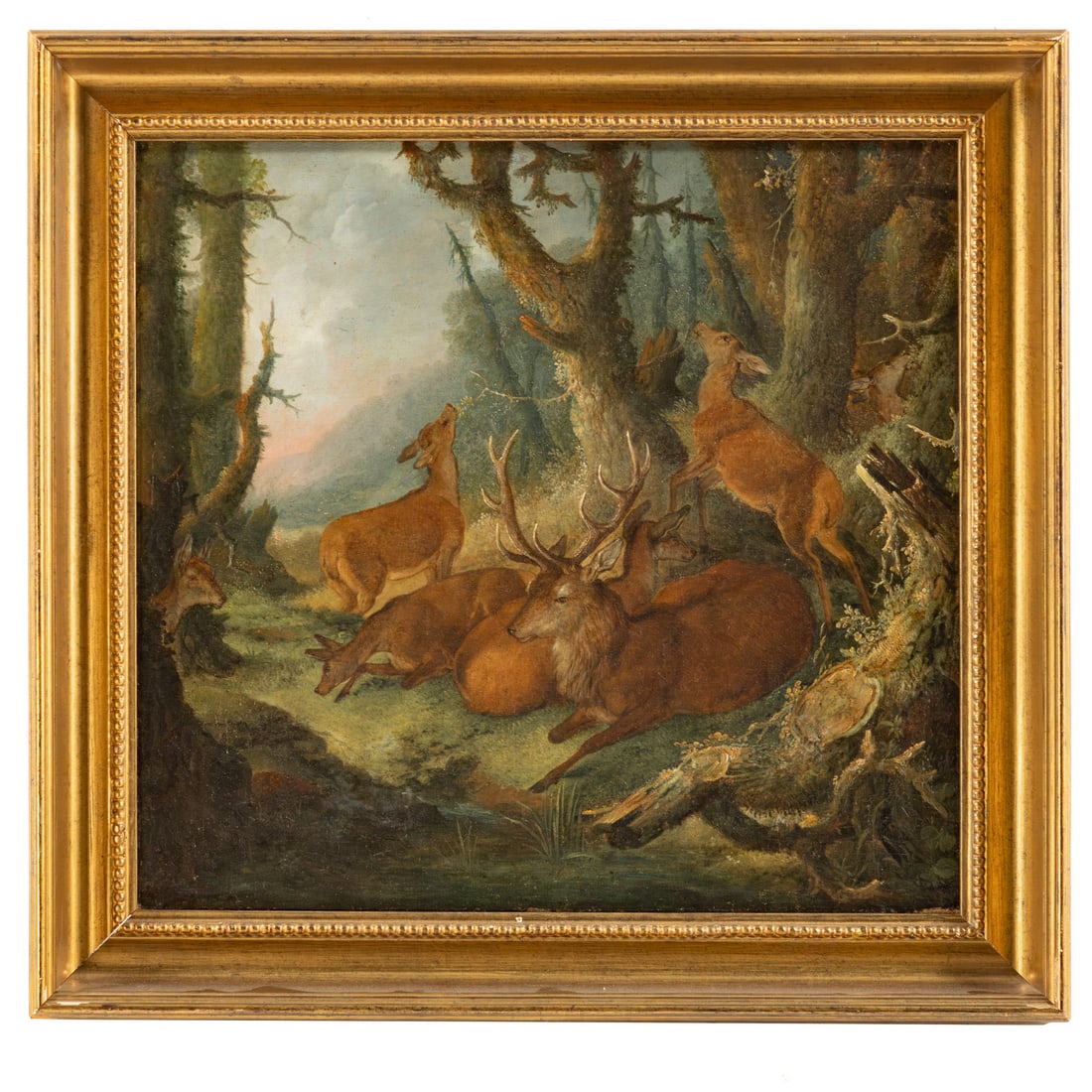 Johan Melchior Roos. Deer in a Clearing, oil: (German, 1663-1731) Oil on canvas, signed "J. Roos" lr, sight size: 18 x 19 1/4 in., framed size: 22 x 23 1/4 in. Provenance: From a private Maryland collection