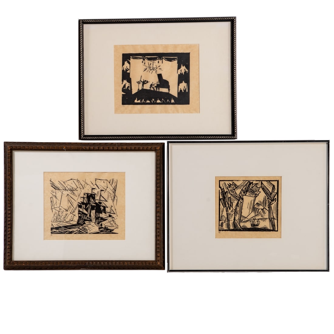 Lyonel Feininger. Three Unsigned AAA woodcuts: (American, 1871-1956) 1) "In The Offing," ed. 10/100, blindstamp lr, sight size: 8 1/2 x 10 in., framed size: 15 3/4 x 19 3/4 in.; 2) "The Virtuoso," ed. 75/100, blindstamp lr, sight size: 8 1/2 x 10 