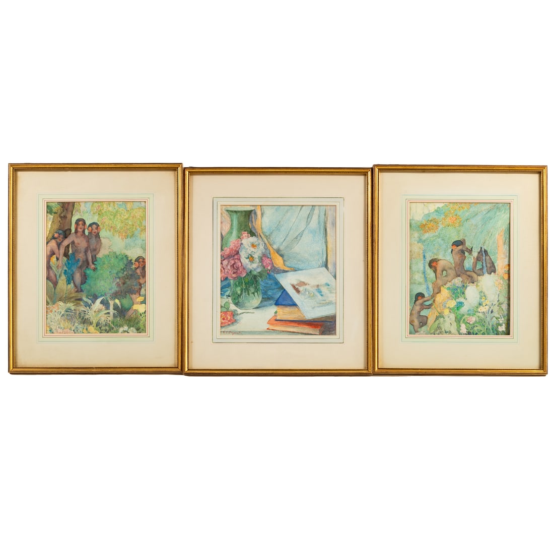 E. L. Bryant /Attributed to E. L. Bryant. Three Watercolors: Everett Lloyd Bryant (American, 1864-1945), 1) Still Life with Flowers, watercolor on paper, signed "E. L. Bryant" ll, sight size: 11 x 9 3/4 in., framed size: 17 3/4 x 16 in. and 2) Attributed to