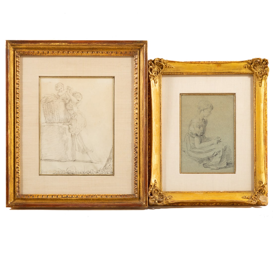 Two Framed 18th Century Continental Drawings: 1) Franz Gareis (German, 1775-1803) Child Handing a Woman an Apple, signed "F. Gareis" lr, sight size: 7 3/4 x 5 3/4 in., framed size: 13 x 11 1/4 in. and 2) French School, circa 1800, Study of a