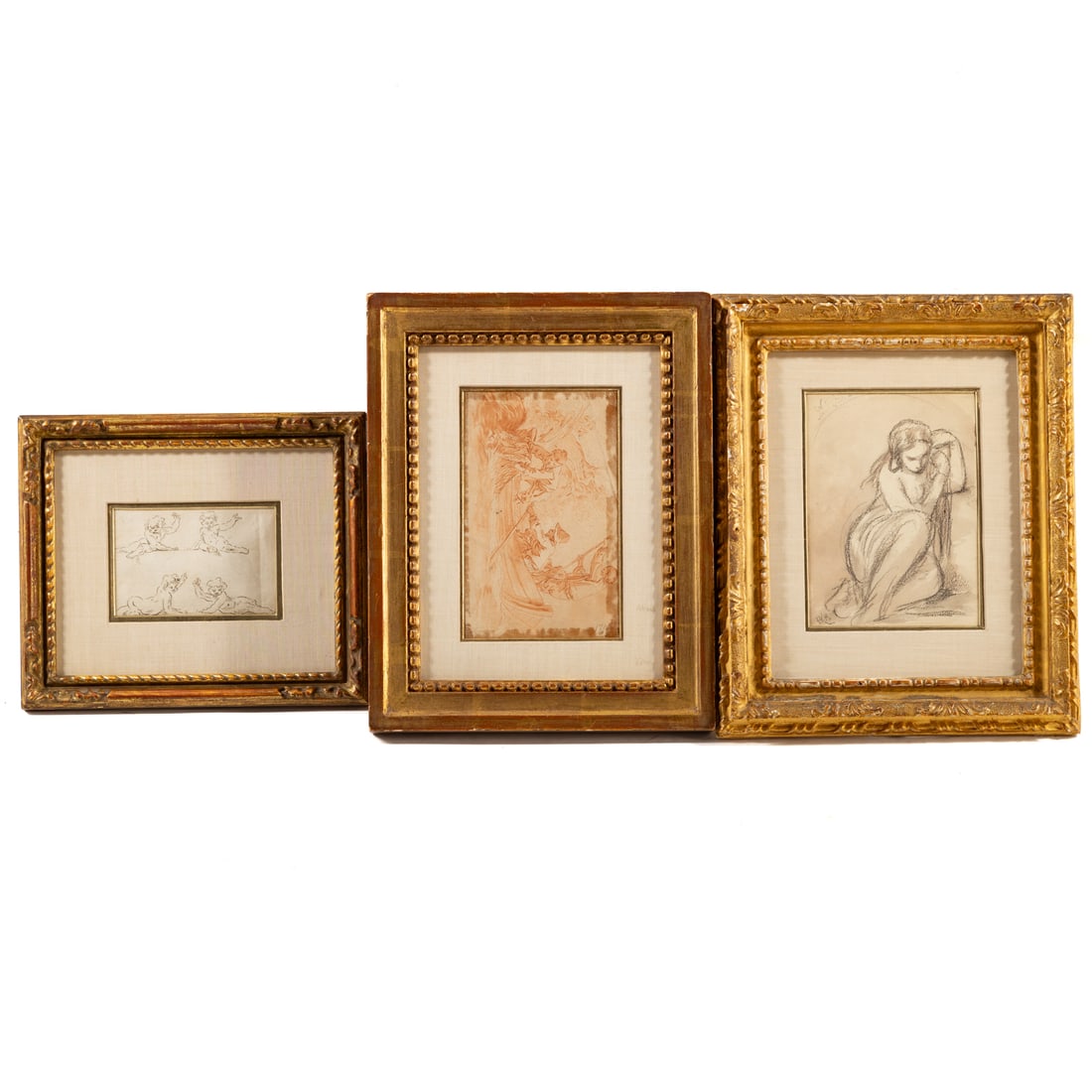 Three Assorted Framed Old Master Drawings: 1) French School, 18th century. Boys Hauling in the Catch, sepia ink and wash on paper, unsigned, sight size: 4 3/4 x 7 1/4 in., framed size: 10 x 13 in.; 2) Continental School, 19th century or