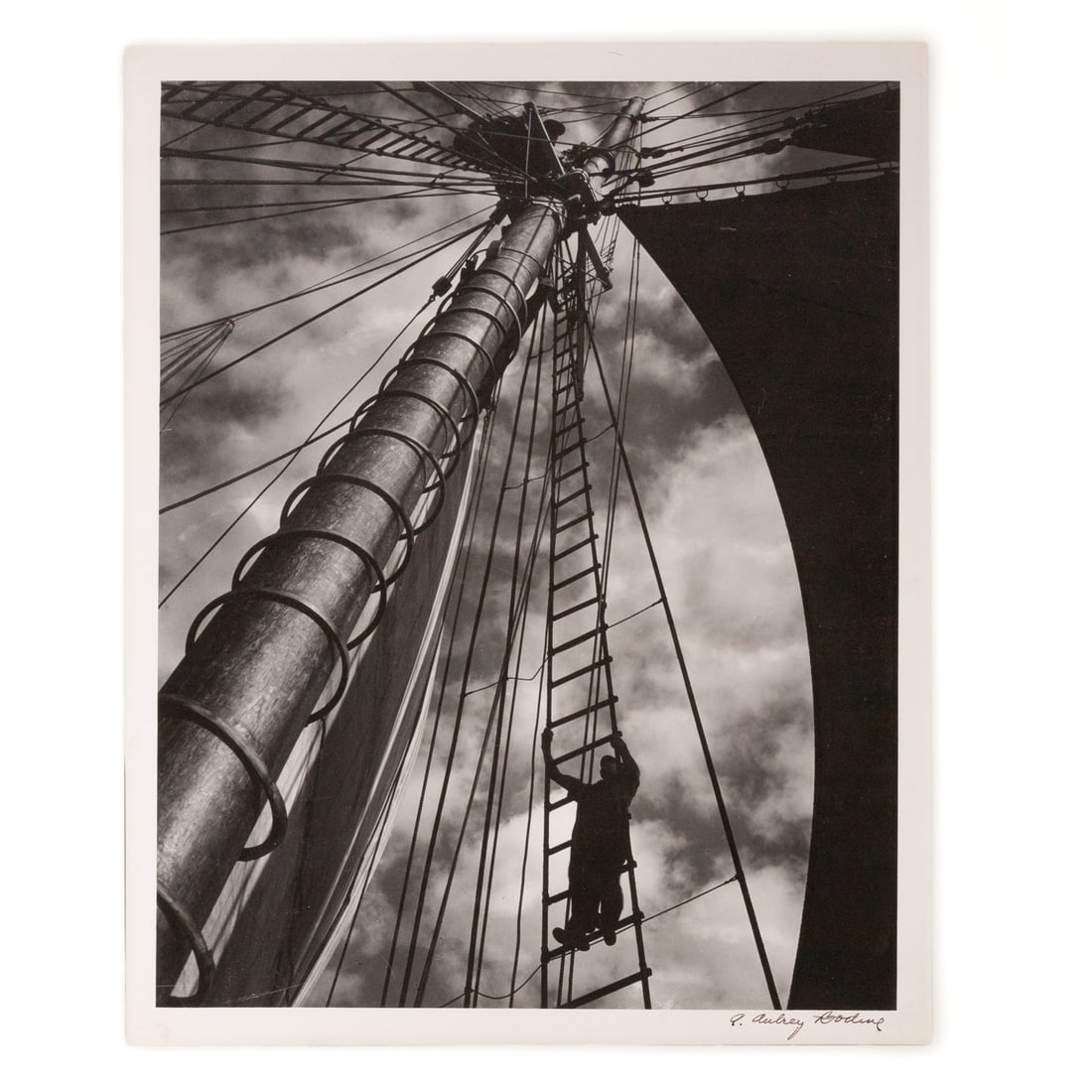 A. Aubrey Bodine. "Doris Hamlin Mainsail," photograph: (American, 1906-1970) Gelatin silver print, signed "A. Aubrey Bodine" lr, photographer stamps on verso,14 x 11 1/4 in., unframed Provenance: From a private Maryland collection