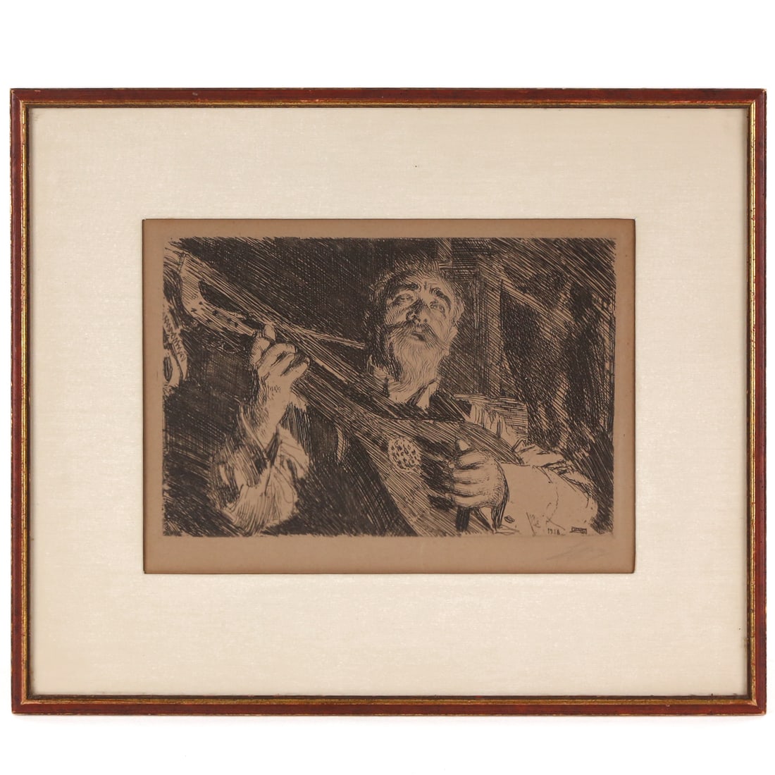 Anders Leonard Zorn. "The Lute Player," etching: (Swedish, 1860-1920) Etching on paper, 1918, ed. AP, pencil signed lr and signed and dated in the plate, with informational label attached on verso, sight size: 8 3/4 x 12 1/4 in., framed size: 16 x