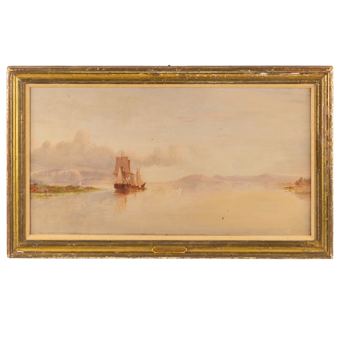 Attributed to Charles Parsons. "Fishing Boats, Soames Sound, Mount Desert Island, Maine," oil: (American 1821-1910) Oil on canvas, inscribed on verso "Parsons C. Fishing Boats, Soames Sound, Mount Desert Island, Maine," unsigned, sight size: 13 x 24 1/2 in., framed size: 16 1/4 x 27 3/4 in.