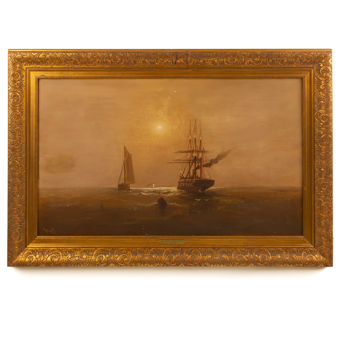 Alexander Charles Stuart. A Foggy Day at Sea, oil: (Scottish/American 1831-1898) Oil on canvas, signed "Stuart" ll, canvas size: 22 x 36 1/4 in., framed size: 29 3/4 x 43 1/2 in. Provenance: From a private Maryland collection