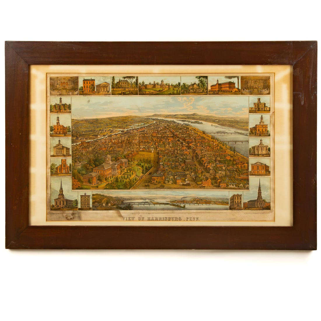 Edward Sachse. "View of Harrisburg, Penn," lithograph: (German/American, 1804-1873) Lithograph in colors, 1855, sight size: 21 x 32 in., framed size: 29 3/4 x 43 3/4 in. Provenance: From a private collection, Dauphin County, PA