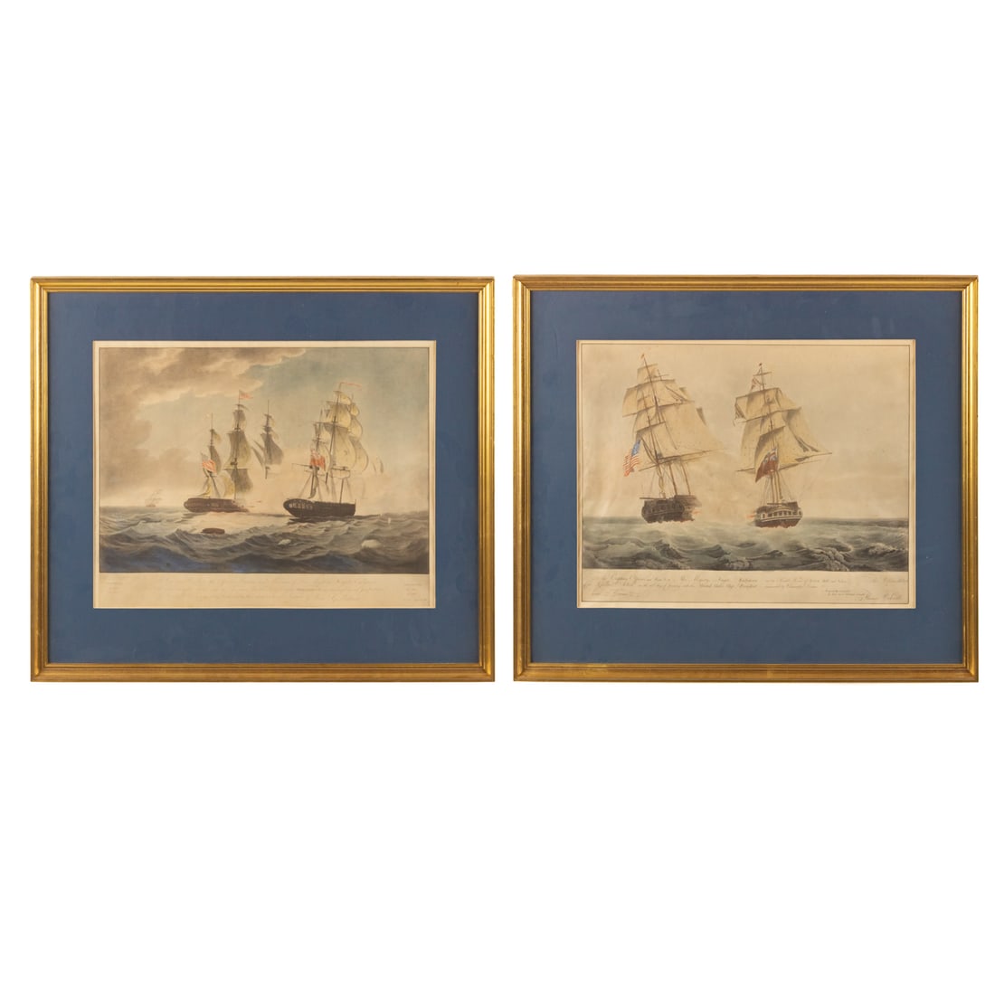 J. Hill and J. Jeakes. Two Naval Battle Engravings: 1) Joseph Jeakes, (British 1778-1829), after Thomas Buttersworth, Frigate Battle Between the USS President and HMS Endymion, sight size: 13 1/2 x 17 in., framed size: 20 x 23 in. and 2) John Hill, (Am