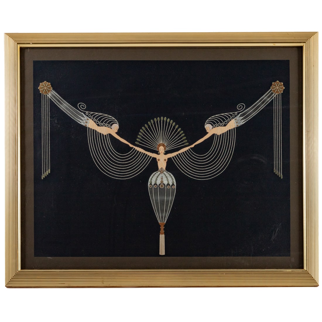 Erte. "The Necklace," embellished serigraph: Romain de Tirtoff (Russian, 1892-1990) Embellished serigraph, ed. XLII/CCL, signed "Erte" lr, sight size: 27 x 35, framed size: 35 x 43 1/4 in. Provenance: From a private Maryland collection
