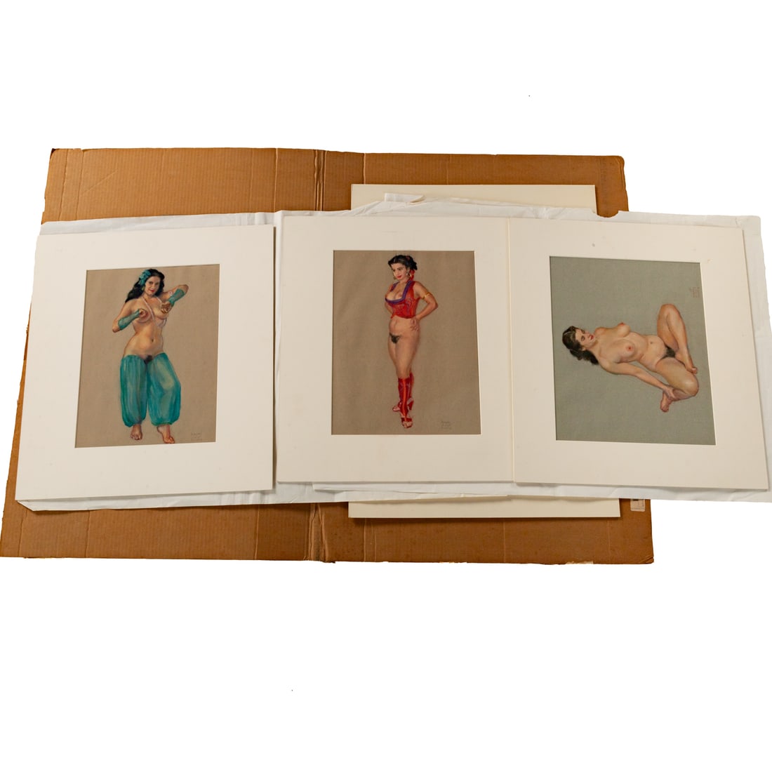 Naomi H. Custis. Portraits of Charlotte Truesdell, mixed media: Naomi Holt Custis (American, 1911-?) Four figure study portraits depicting the sitter in costume and nude, executed in various media including charcoal and pastel, 1952, all signed, sight size of