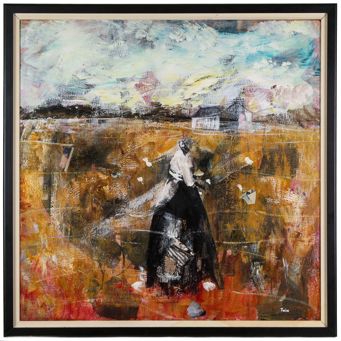 Jerry & Terry Lynn (Twin). "Journey," acrylic: (American, b. 1975) Acrylic and mixed media on canvas, 2005, signed "Twin" lr, signed by the artists and titled on verso, COA and additional information affixed on verso, sight size: 35 1/4 x 35 1/4
