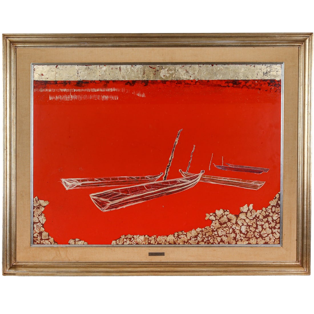 Osni Branco. Fishing Boats, mixed media: (Brazilian, b. 1947) Mixed media, lacquer, and enamel on panel, signed ur, with nameplate affixed to frame, sight size: 31 x 43 in., framed size: 42 1/2 x 54 1/4 in. Provenance: From a private collect