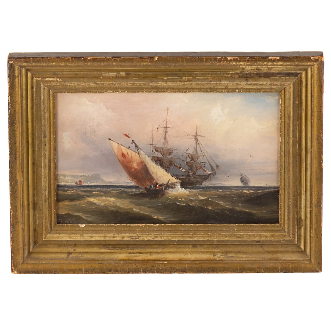 Attributed to James Hamilton. Maritime Scene, oil: (Irish-American, 1819-1878) Oil on canvas, 1852, signed "J.H." and dated lr, inscribed to "Capt. E.L. Dana - with Mr. Hamilton's respect, Aug. 19th 1852" on verso, canvas size: 8 1/2 x 13 1/4 in., fra